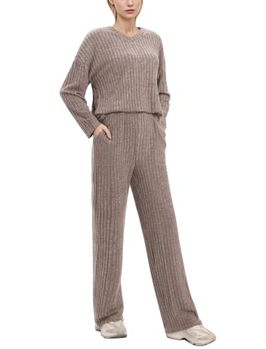 EFOGEP Damen Pyjama Sets 2PCS: Langarm Rippenstrick Schlafanzug Oberteil Loungewear Pullover Weite Yoga Hosen Pjs Baumwolle Sleepwear Homewear Herbst Winter Warme Kleidung mit Taschen Grau Geblümt L von EFOGEP