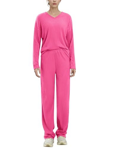 EFOGEP Damen Pyjama Sets 2PCS: Langarm Rippenstrick Schlafanzug Oberteil Loungewear Pullover Weite Yoga Hosen Pjs Baumwolle Sleepwear Homewear Herbst Winter Warme Kleidung mit Taschen HEI�es Rosa L von EFOGEP