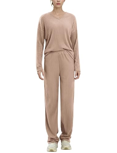 EFOGEP Damen Pyjama Sets 2PCS: Langarm Rippenstrick Schlafanzug Oberteil Loungewear Pullover Weite Yoga Hosen Pjs Baumwolle Sleepwear Homewear Herbst Winter Warme Kleidung mit Taschen Khaki XL von EFOGEP