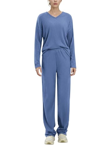 EFOGEP Damen Pyjama Sets 2PCS: Langarm Rippenstrick Schlafanzug Oberteil Loungewear Pullover Weite Yoga Hosen Pjs Baumwolle Sleepwear Homewear Herbst Winter Warme Kleidung mit Taschen Navy Blau S von EFOGEP