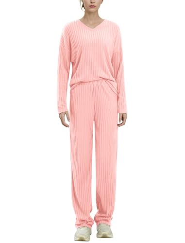 EFOGEP Damen Pyjama Sets 2PCS: Langarm Rippenstrick Schlafanzug Oberteil Loungewear Pullover Weite Yoga Hosen Pjs Baumwolle Sleepwear Homewear Herbst Winter Warme Kleidung mit Taschen Rosa M von EFOGEP