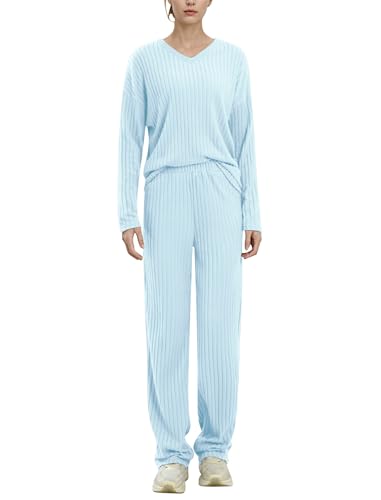 EFOGEP Damen Pyjama Sets 2PCS: Langarm Rippenstrick V-Ausschnitt Pullover Oberteil Pullover und Weite Hosen Pjs Lounge Wear Sleepwear Homewear Herbst Winter Warme Kleidung mit Taschen Blau XXL von EFOGEP