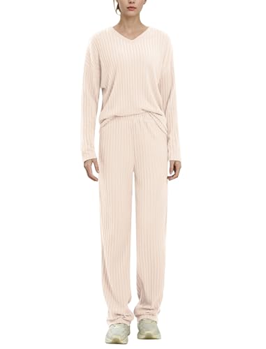 EFOGEP Damen Pyjama Sets 2PCS: Langarm Rippenstrick V-Ausschnitt Pullover Oberteil Pullover und weite Hosen Pjs Lounge Wear Sleepwear Homewear Herbst Winter Warme Kleidung mit Taschen Aprikose S von EFOGEP