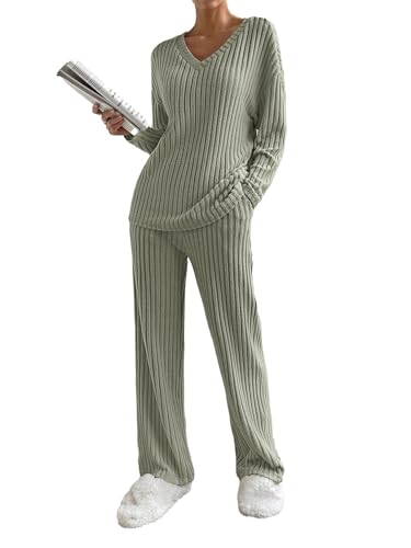 EFOGEP Damen Pyjama Sets 2PCS: Langarm Rippenstrick V-Ausschnitt Pullover Oberteil Pullover und weite Hosen Pjs Lounge Wear Sleepwear Homewear Herbst Winter Warme Kleidung mit Taschen Armee Gr?n S von EFOGEP