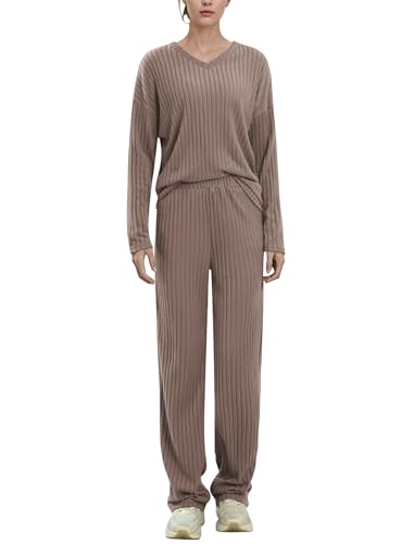 EFOGEP Damen Pyjama Sets 2PCS: Langarm Rippenstrick V-Ausschnitt Pullover Oberteil Pullover und weite Hosen Pjs Lounge Wear Sleepwear Homewear Herbst Winter Warme Kleidung mit Taschen Khaki Dunkel XXL von EFOGEP