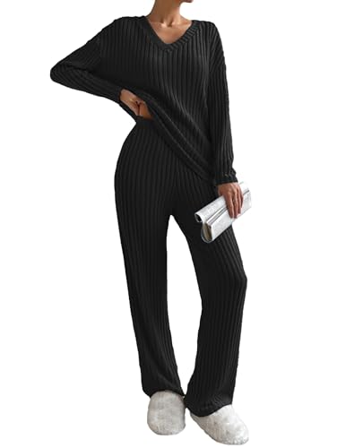 EFOGEP Damen Pyjama Sets 2PCS: Langarm Rippenstrick V-Ausschnitt Pullover Oberteil Pullover und weite Hosen Pjs Lounge Wear Sleepwear Homewear Herbst Winter Warme Kleidung mit Taschen Schwarz XS von EFOGEP