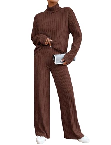 EFOGEP Damen Pyjamas Set: Frauen Schlafanzug Loungewear 2PCS Pjs Langarm Rippenstrick Rollkragen Nachtw�sche Pullover Top und Weite Hosen Freizeit Anz�ge Homewear Winter Warme Nachtw�sche Kaffee S von EFOGEP