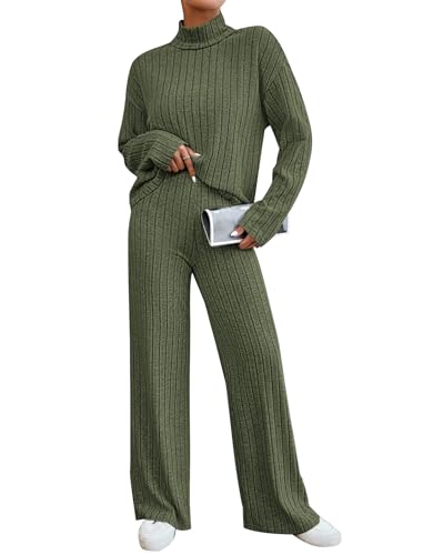 EFOGEP Damen Pyjamas Set: Schlafanzug Loungewear 2PCS Pjs Langarm Rippenstrick Rollkragen Nachtw�sche Pullover Top und Weite Hosen Freizeit Anz�ge Homewear Winter Warme Nachtw�sche Armee Gr�n L von EFOGEP