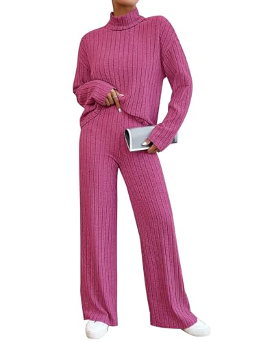 EFOGEP Damen Pyjamas Set: Schlafanzug Loungewear 2PCS Pjs Langarm Rippenstrick Rollkragen Nachtw�sche Pullover Top und Weite Hosen Freizeit Anz�ge Homewear Winter Warme Nachtw�sche HEI�es Rosa L von EFOGEP