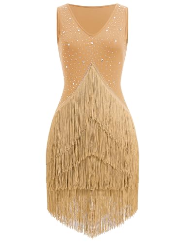 EFOGEP Damen Salsa Latin Dance Kleid Vintage 1920s Ärmellos Strass Lagen Fransenkleider Gatsby Cocktail Ballroom Tangos ChaCha Rumba Flapper Cami Kleid Gold M von EFOGEP