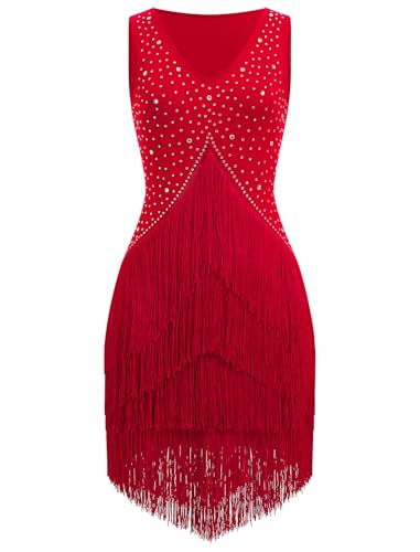 EFOGEP Damen Salsa Latin Dance Kleid Vintage 1920s Ärmellos Strass Lagen Fransenkleider Gatsby Cocktail Ballroom Tangos ChaCha Rumba Flapper Cami Kleid Rot XL von EFOGEP