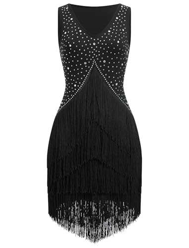 EFOGEP Damen Salsa Latin Dance Kleid Vintage 1920s Ärmellos Strass Lagen Fransenkleider Gatsby Cocktail Ballroom Tangos ChaCha Rumba Flapper Cami Kleid Schwarz M von EFOGEP