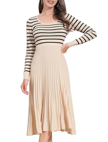 EFOGEP Damen Strick Pullover: Eleganter Gestreiftes Pullover Kleid Langarm Quadratischer Ausschnitt Gefältelte Rüsche Midikleid Casaul Arbeit Hochzeit Winter Herbst Strickkleid Aprikose S von EFOGEP