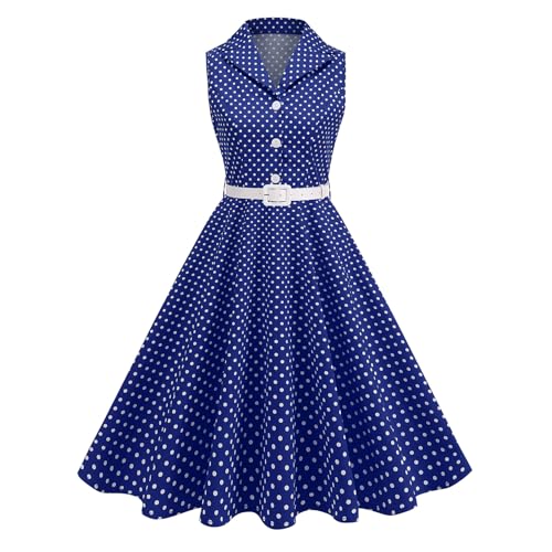 EFOGEP Damen Vintage 1950s Rockabilly Swing Kleid Elegant Polka Dot Revers Cocktail Audrey Hepburn Style Formal Prom Tea Party Midi Kleider mit Gürtel Dunkelblau M von EFOGEP