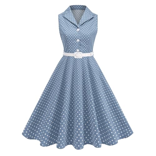 EFOGEP Damen Vintage 1950s Rockabilly Swing Kleid Elegant Polka Dot Revers Cocktail Audrey Hepburn Style Formal Prom Tea Party Midi Kleider mit Gürtel Hellblau L von EFOGEP