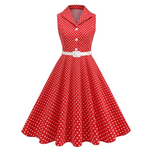 EFOGEP Damen Vintage 1950s Rockabilly Swing Kleid Elegant Polka Dot Revers Cocktail Audrey Hepburn Style Formal Prom Tea Party Midi Kleider mit Gürtel Rot XXL von EFOGEP