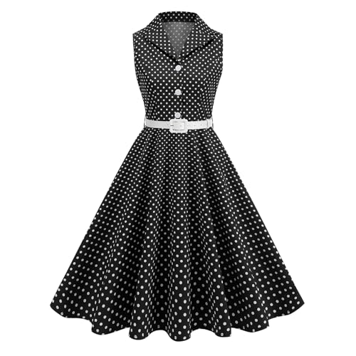 EFOGEP Damen Vintage 1950s Rockabilly Swing Kleid Elegant Polka Dot Revers Cocktail Audrey Hepburn Style Formal Prom Tea Party Midi Kleider mit Gürtel Schwarz XL von EFOGEP