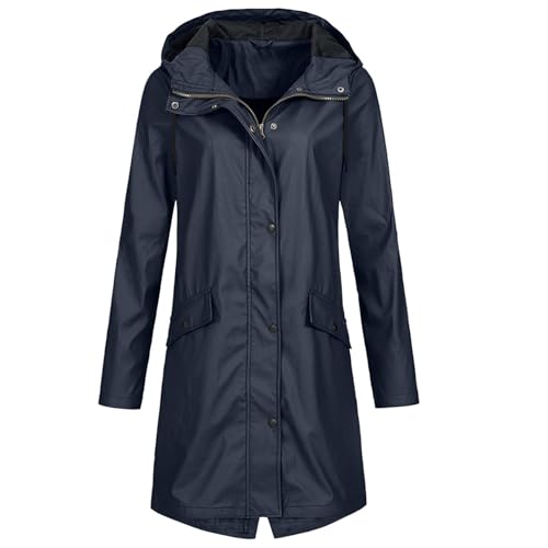 EFOGEP Damen Wasserdichte Jacke: Frauen Wandermantel Langarm Trench Regenmantel Windbreaker Jacke mit Kapuze Outwear Herbst Winter Leichte Outdoor Laufjacke mit Taschen Marine Blau S von EFOGEP