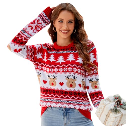 EFOGEP Damen Weihnachts Pullover: Frauen Xmas Pullover Traditionelle Rentier H�ssliche Pullover Chunky Pullover Langarm Rundhals Gestrickt Casual Urlaub Party Strickwaren Warm Winter Tops Rot Wei� M von EFOGEP