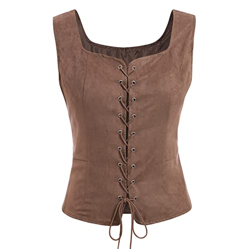 EFOGEP Herren Damen Piraten Weste: Erwachsene Mittelalter Kostüm Ärmellose Schnürweste Wikinger Weste Retro Renaissance Steampunk Halloween Cosplay Gothic Wildleder Piraten Tank Top Braun- Damen S von EFOGEP
