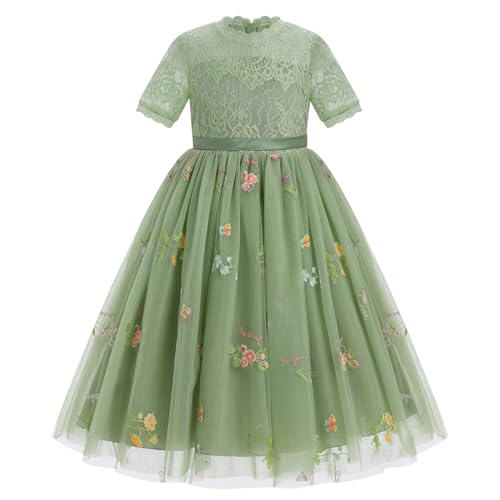EFOGEP Kid Mädchen Spitzenkleid Kurzarm Rundhalsausschnitt Tüll Tutu Prinzessin Kleider Blumenmädchen Geburtstag Brautjungfer Hochzeit Party Festzug Erstkommunion Ballkleid Grün 11-12 Years von EFOGEP