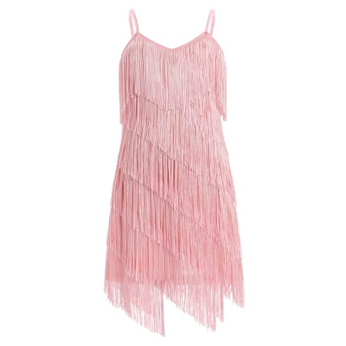EFOGEP Kinder Mädchen Latein Quaste funkelnden Kleid Pailletten ärmellos Vintage geschichtet Fransen Kleider Ballroom Party Cha Cha Jazz Ballett Tanz 1920s Performance Kleid Rosa 11-12 Jahre von EFOGEP