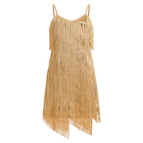 EFOGEP Kinder Mädchen Latein Quaste funkelnden Kleid Pailletten ärmellos Vintage geschichtet Fransen Kleider Ballroom Party Cha Cha Jazz Ballett Tanz 1920s Performance Kostüm Gold 7-8 Jahre von EFOGEP