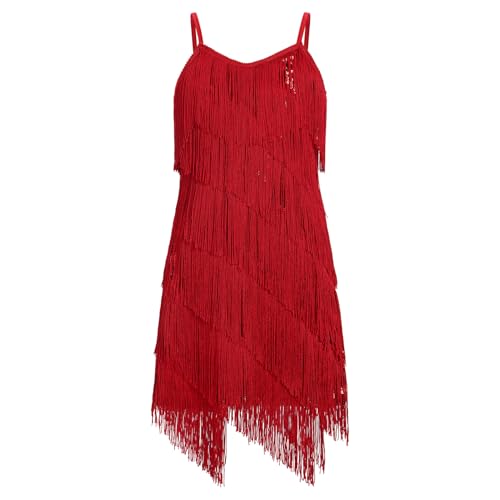 EFOGEP Kinder Mädchen Latein Quaste funkelnden Kleid Pailletten ärmellos Vintage geschichtet Fransen Kleider Ballroom Party Cha Cha Jazz Ballett Tanz 1920s Performance Kostüm Rot 8-9 Jahre von EFOGEP