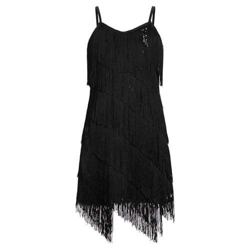EFOGEP Kinder Mädchen Latein Quaste funkelnden Kleid Pailletten ärmellos Vintage geschichtet Fransen Kleider Ballroom Party Cha Cha Jazz Ballett Tanz 1920s Performance Kostüm Schwarz 11-12 Jahre von EFOGEP