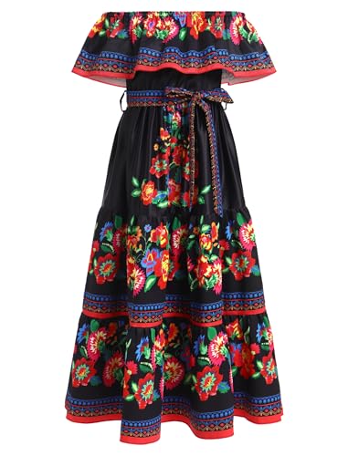 EFOGEP M�dchen Mexikanisches Kleid Boho Floral Drape Kleid Off Shoulder Traditionelle Cinco De Mayo Fiesta Folklorico Kleider Bohemian Geburtstag Party Lange Maxikleider mit G�rtel Schwarz 6-7 Jahre von EFOGEP