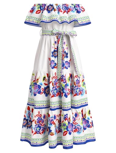 EFOGEP M�dchen Mexikanisches Kleid Sommer Boho Floral Drape Kleid Off Shoulder Traditionelle Cinco De Mayo Fiesta Folklorico Kleider Bohemian Lange Maxikleider mit G�rtel Wei� & Blau 11-12 Jahre von EFOGEP