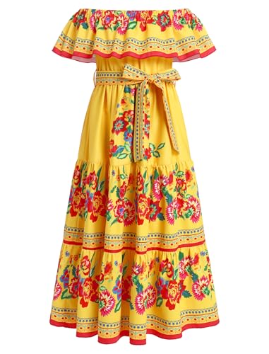 EFOGEP M�dchen Mexikanisches Kleid Sommer Boho Floral Drape Off Shoulder Traditionelle Cinco De Mayo Fiesta Folklorico Kleider Bohemian Geburtstag Party Lange Maxikleider mit G�rtel Gelb 6-7 Jahre von EFOGEP