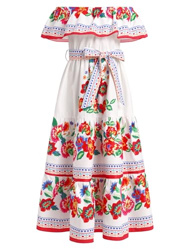 EFOGEP M�dchen Mexikanisches Kleid Sommer Boho Floral Drape Off Shoulder Traditionelle Cinco De Mayo Fiesta Folklorico Kleider Bohemian Geburtstag Party Lange Maxikleider mit G�rtel Wei� 5-6 Jahre von EFOGEP