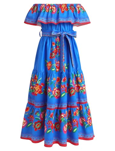 EFOGEP M�dchen Mexikanisches Kleid Sommer Boho Floral Kleid Off Shoulder Traditionelle Cinco De Mayo Fiesta Folklorico Kleider Bohemian Geburtstag Party Lange Maxikleider mit G�rtel Blau 5-6 Jahre von EFOGEP