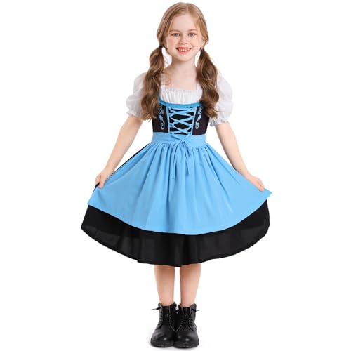 EFOGEP Mädchen Deutsche Dirndl Kleid: Oktoberfest Kostüm für Kinder Traditionelle Bayerische Bier Party Karneval Festival Outfit Halloween Karneval Cosplay Dress Up Kleider Blau 8-10 Jahre von EFOGEP