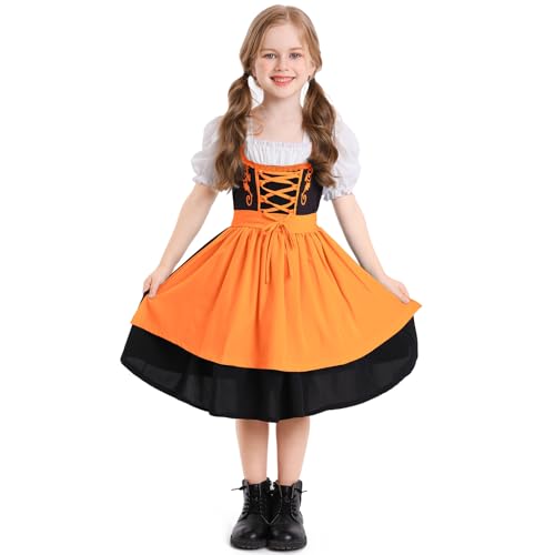 EFOGEP Mädchen Deutsche Dirndl Kleid: Oktoberfest Kostüm für Kinder Traditionelle Bayerische Bier Party Karneval Festival Outfit Halloween Karneval Cosplay Dress Up Kleider Orange 2-4 Jahre von EFOGEP