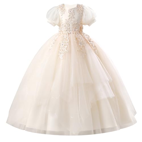 EFOGEP Mädchen Partykleid Rundhalsausschnitt Rückenschleife Knoten Tüll Maxikleid Kurzarm Spitze Bestickt Formeller Abend Hochzeit Brautjungfer Festzug Erstkommunion Ballkleid Beige 9-10 Jahre von EFOGEP