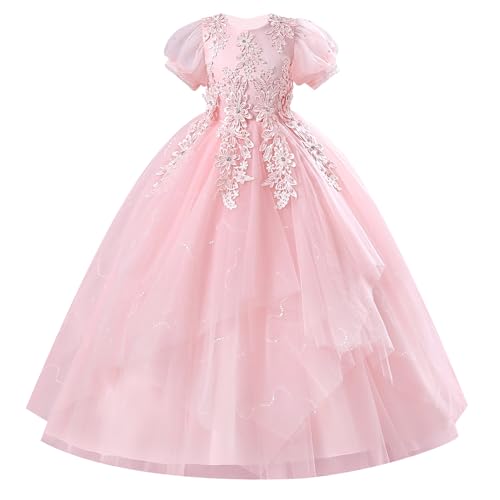 EFOGEP Mädchen Prinzessin Kleid für Party Tüll Bogen Spitze Stickerei Blumenmädchen Kleider Hochzeit Brautjungfer Geburtstag Formal Party Maxi Prom Kleid Festzug Kleider Rosa 6-7 Jahre von EFOGEP