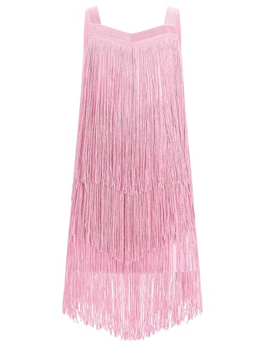 EFOGEP Mädchen Quaste ärmellos Latein Tanzkleid Vintage geschichtet Fransen Quasten Kleider Bühne Ballroom Cha Cha Jazz Samba Rumba Tanzkleidung Kleid für Kinder Rosa 6-7 Jahre von EFOGEP