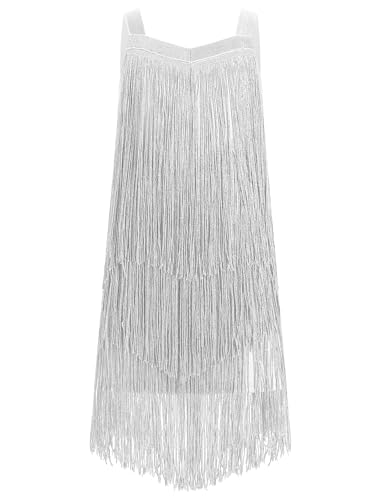 EFOGEP Mädchen Quaste ärmellos Latein Tanzkleid Vintage geschichtet Fransen Quasten Kleider Bühne Ballroom Cha Cha Jazz Samba Rumba Tanzkleidung Kleid für Kinder Silber 8-9 Jahre von EFOGEP