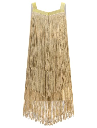 EFOGEP Mädchen Quaste ärmellos Latein Tanzkleid Vintage geschichtet Fransen Quasten Kleider Bühne Ballroom Cha Cha Jazz Samba Rumba Tanzkleidung Kleid für Kinder Gold 12-13 Jahre von EFOGEP