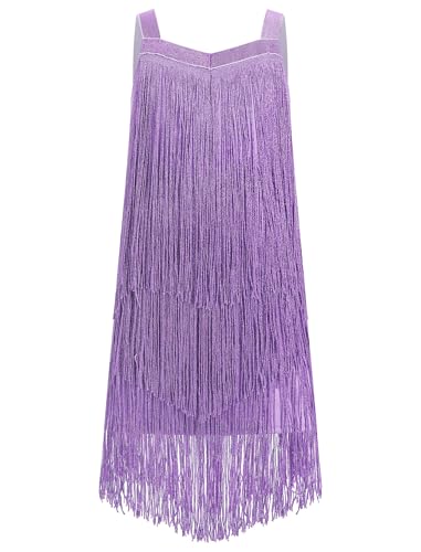 EFOGEP Mädchen Quaste ärmellos Latein Tanzkleid Vintage geschichtet Fransen Quasten Kleider Bühne Ballroom Cha Cha Jazz Samba Rumba Tanzkleidung Kleid für Kinder Lila 10-11 Jahre von EFOGEP