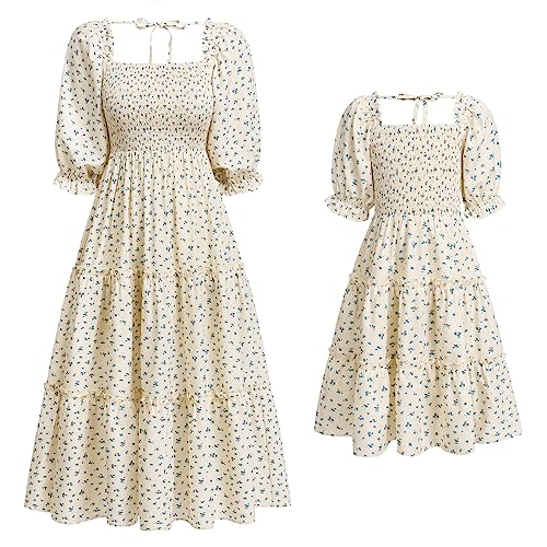 EFOGEP Mama und ich zusammenpassende Kleider: Floral gedruckt Geraffte Laterne Ärmel A-Linie Lange fließende Kleid lässig Mutter Tochter zusammenpassende Outfits Aprikosen Blaue Blume XL von EFOGEP