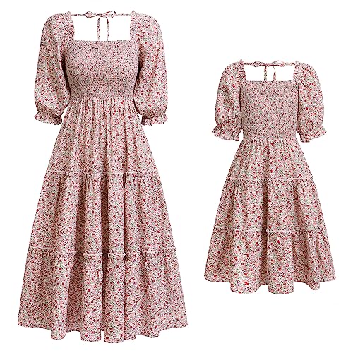 EFOGEP Mama und ich zusammenpassende Kleider: Floral gedruckt Geraffte Laterne Ärmel A-Linie Lange fließende Kleid lässig Strand Urlaub Mutter Tochter zusammenpassende Outfits Rosa Blume XL von EFOGEP
