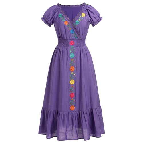 EFOGEP Mexikanisches Kleid für Damen Frühling Sommer Traditionelles Fiesta-Kleid Kurzarm V-Ausschnitt Blumenstickerei Rüschenkleid Cinco De Mayo Kostüm Kleidung Boho Casual Strandkleid Lila S von EFOGEP