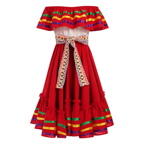 EFOGEP Mexikanisches Kleid f�r M�dchen: Traditionelle Folk Ruffle Drapierung Kleid mit G�rtel Off Shoulder Cinco De Mayo Folklorico Fiesta Kleid Halloween Kost�m Geburtstag Party Kleid Rot 7-8 Jahre von EFOGEP