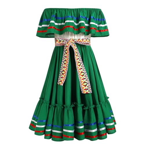 EFOGEP Mexikanisches Kleid f�r M�dchen: Traditionelle Folk Ruffle Drapierung Kleid mit G�rtel Off Shoulder Cinco De Mayo Folklorico Fiesta Kleid Halloween Kost�m Geburtstag Party Kleid Gr�n 9-10 Jahre von EFOGEP