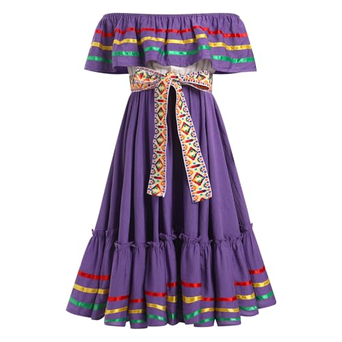 EFOGEP Mexikanisches Kleid für Mädchen: Traditionelle Folk Ruffle Drapierung Kleid mit Gürtel Off Shoulder Cinco De Mayo Folklorico Fiesta Kleid Halloween Kostüm Geburtstag Party Kleid Lila 9-10 Jahre von EFOGEP