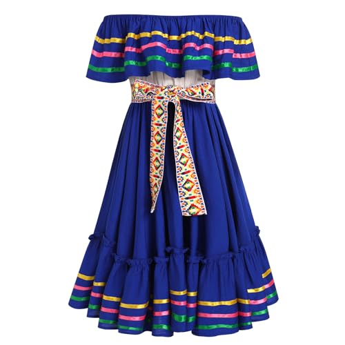 EFOGEP Mexikanisches Kleid für Mädchen Traditionelle Folk Ruffle Drape Kleider mit Gürtel Off Shoulder Cinco De Mayo Folklorico Fiesta Halloween Karneval Geburtstag Party Kostüm Blau 9-10 Jahre von EFOGEP