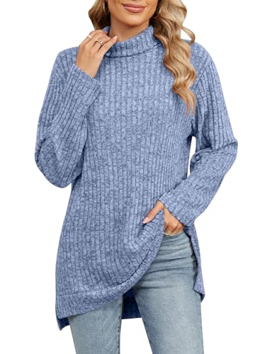EFOGEP Pullover für Damen: Frauen übergroße Pullover Langarm Rollkragenpullover Chunky Split Ribbed Knit Pullover Shirt Pullover Top Casual Loose Lightweight Herbst Winter Kleidung Hellblau XL von EFOGEP